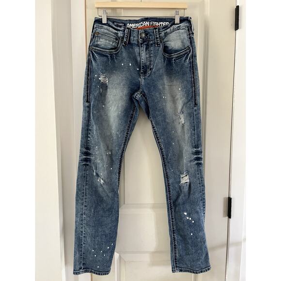 American Fighter Jeans Men's 32 Defender Slim Fit Med Wash Distress Embroidered - Picture 1 of 13